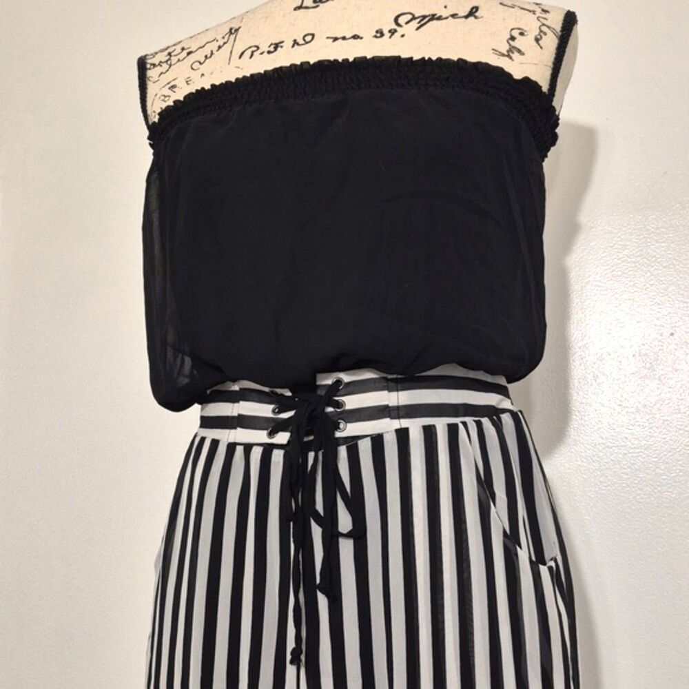Double Zero Tube Top Pant Jumpsuit M Black White Striped Wide Leg Tie Waist - Picture 9 of 10